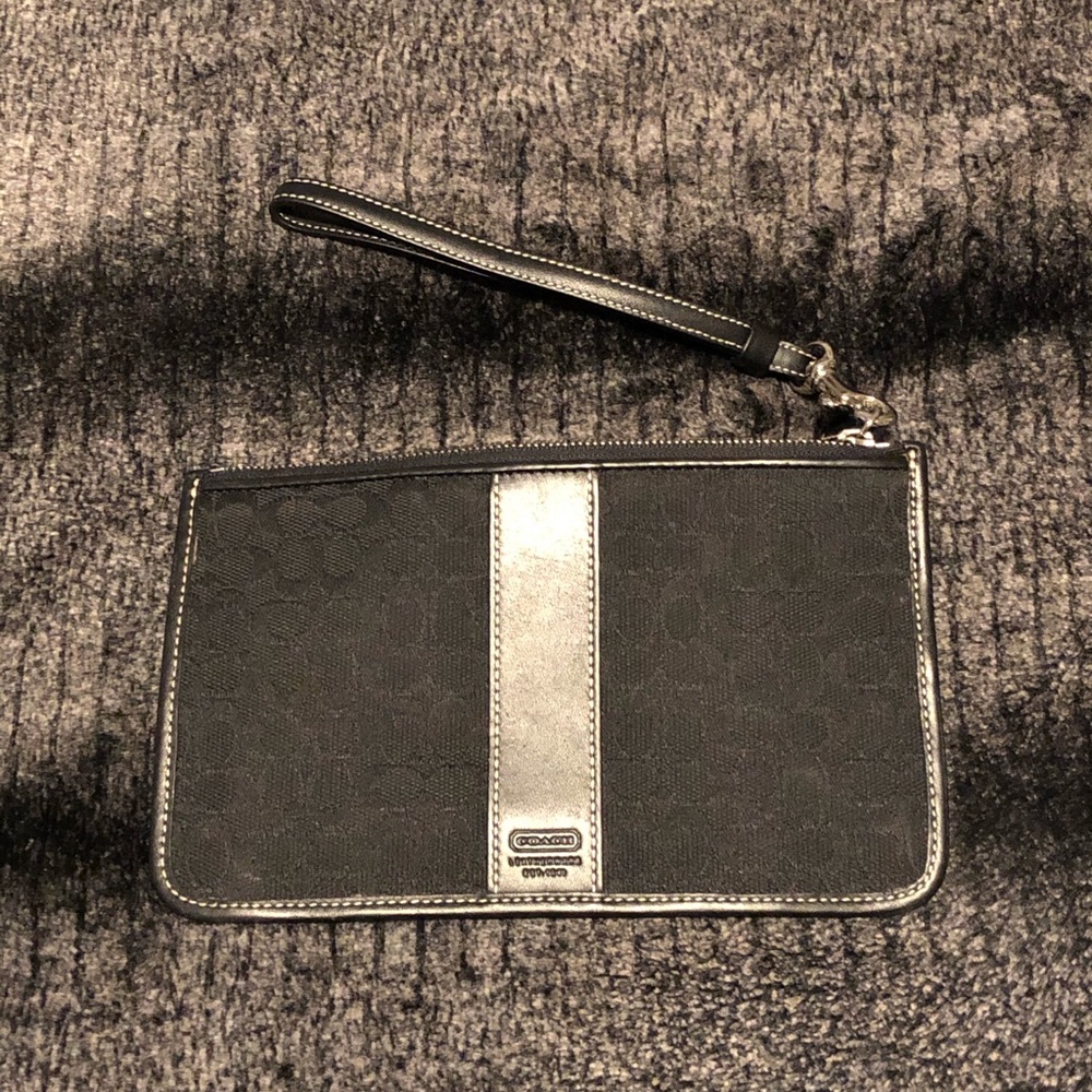 EUC Coach Black Logo Fabric Top-Zip Wristlet